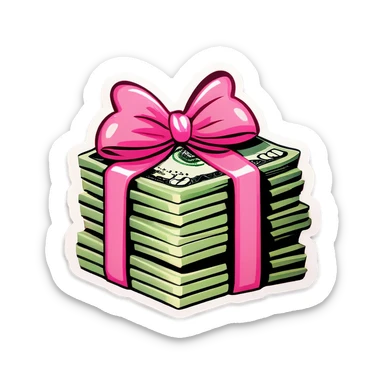 stack of money with a pink bow sticker