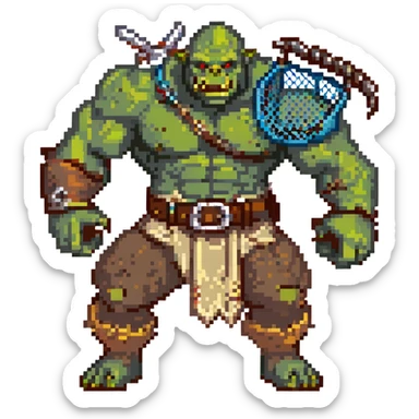 orc male Belt of defeated "Pesky Sand Crab" claws, flexing with a net full of loot. sticker