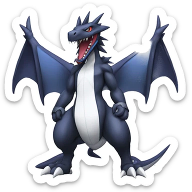 Black, Cool, Edgy, Garchomp-Nargacuga-Sergal Fakémon-Digimon with sharp edgy striking detailed stripe-markings,  full body sticker