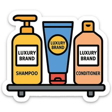 Shampoo bottle, color tube, and conditioner standing on a shelf, products are luxury brand-labeled sticker
