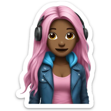 hot rock; leather; girl; pink and blue long hair with headphones sticker