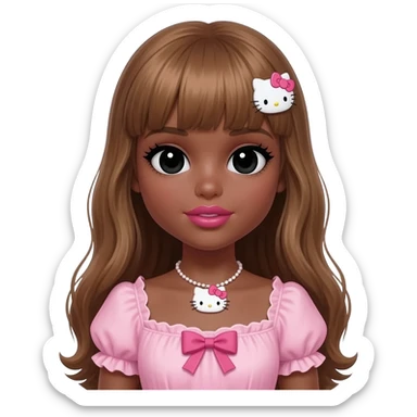 my melody hairclip, Doll faced shaped, hello kitty necklace, bimbo, black doll eyes, Big lips barbie, long dark brown skin with honey brown hair, bimbocore outfit sticker