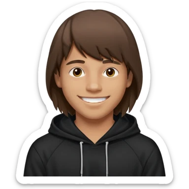 20 yr old man, brown hair, straight, big smile, white teeth, tanned skin, bangs, black hooded sweatshirt, long hair in back, center-parted bangs sticker