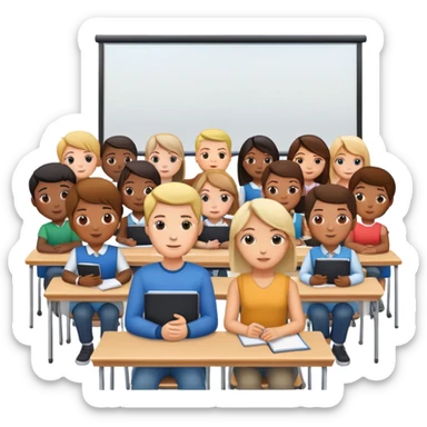 adults sitting in a classroom facing a screen sticker