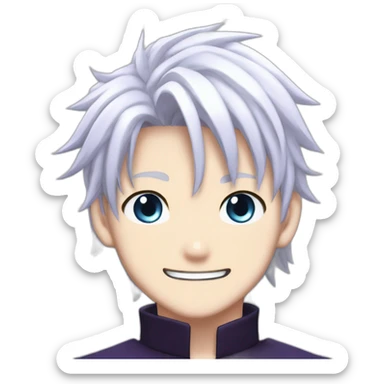 Satoru Gojo with his blue eyes,long medium white hair, a big friendly smile, dark violet uniform from jujutsu kaisen sticker
