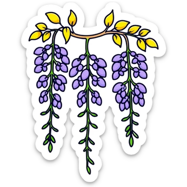 Decorative wisteria flower with elegant drooping clusters of purple blossoms and small bright green leaves sticker