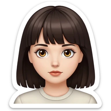 White girl with dark brown hair, bangs, and black eyes sticker
