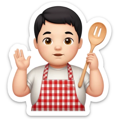 chubby boy with black hair styled upward in front, wearing a red and white checkered plaid apron sticker