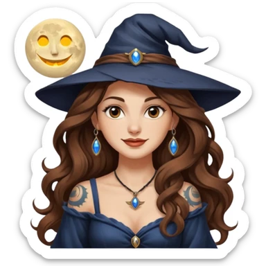 moon witch woman long wavy brown hair tattoos shoulder glance smirk sticker