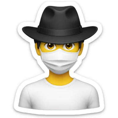 A person with no facial features, wears a white mask that covers the entire face with yellow eyes, has a serious expression and has a black hat. sticker