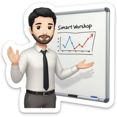 Professional 35-year-old man with black wavy hair, stubble, strong jawline, white skin tone, wearing smart casual business attire, standing in front of a diverse group, facilitating an interactive leadership workshop with whiteboard and participants sticker