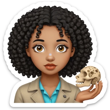 Fille de couleur de peau noir Avec des cheveux bouclés, des yeux de deux couleurs différentes, un petit nez, des lèvres pulpeuses un peu de blush sur les pommettes Highlighter sur le nez fossiles sticker