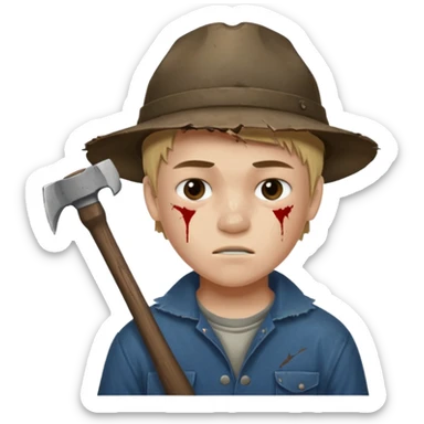 13 y/o Brian robeson at the beginning of Hatchet
distressed, has hatchet, small scratches(no bleeding type) on face, no blood on hatchet sticker