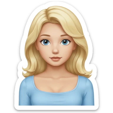 pretty girl blonde soft wavy long hair middle part makeup light baby blue skin tight square neckline long sleeve top sticker