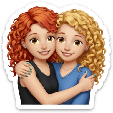 A woman with pencil straight, blonde hair and a nose piercing and a woman with curly red hair and a nose piercing are hugging and smiling together. sticker