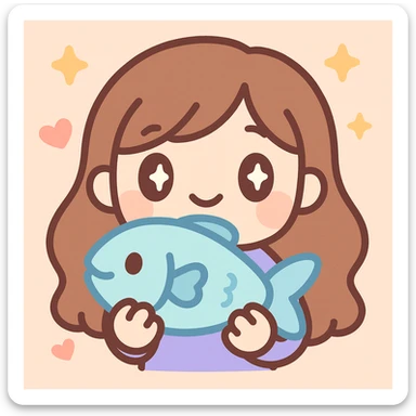 twitch emote of a cute cartoon girl with long brown hair holding a fish, digital art, vibrant colors, expressive face, chibi proportions sticker