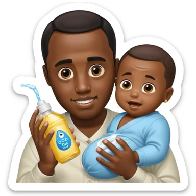Sean “Diddy” Combs with baby oil and a very small infant and he’s pouring the baby oil on the baby and they have a scared face they’re really scared while diddy is happy sticker