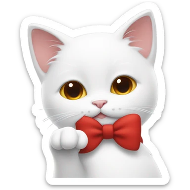 White cat cartoon with red bow doing a peace sign sticker
