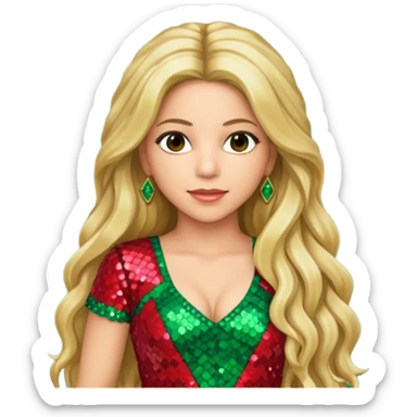 Shakira with long dark blonde hair, red green sequin outfit sticker