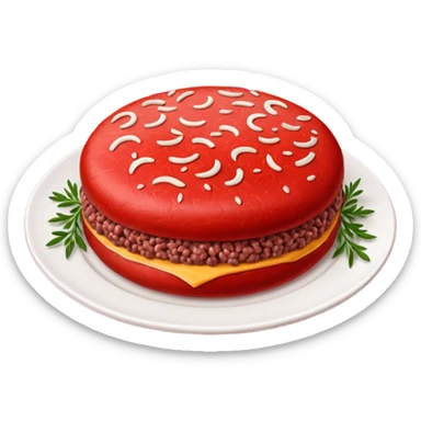 raw ground beef patty, round, vivid red, dense compact texture, visible minced meat strands, slightly domed top, clean edges, moist fresh surface, no garnish, herbs, plate, or extras, soft lighting, emoji scale sticker