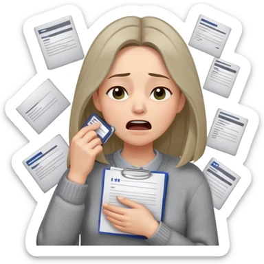 Gender: Female Hair: Shoulder-length straight hair with middle parting Face: Mild double eyelids with dark circles, faint frown Clothes: Gray knit sweater, ID badge on lanyard Action: Carrying overflowing文件堆 while yawning sticker