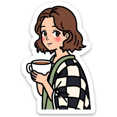 A 16-year-old girl with brown eyes and brown hair, with a black and white checkered blanket on her back, holding a white cup of tea in her hand sticker