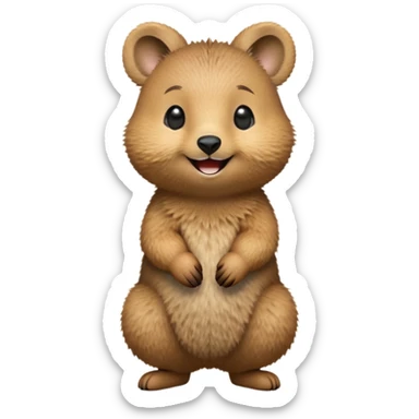 cinematic-realistic quokka-emoji,-small-round-frame-balanced-on-tiny-strong-hind-legs, head tilted in an endearing manner, comical smil, giant-fluffy-cheeks-large-smile-fluffy-brown-fur-radiating-a-warm-softness,-big-round-eyes-filled-with-joy, realistic fluffy zoomed in sticker