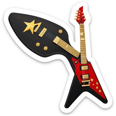 Create a bold and dynamic emoji representing the Epiphone Dave Mustaine Flying V Custom electric guitar. The design should feature the sharp, iconic V-shaped body of the guitar, with a custom finish reflecting Dave Mustaine’s signature style. Add intricate details like gold or chrome tuning pegs and pickups, with subtle graphics or patterns that reflect the aggressive, heavy metal aesthetic. Use a color palette of black, gold, and red, with a touch of metallic sheen for the high-end finish. The background should be transparent to emphasize the guitar's iconic shape sticker