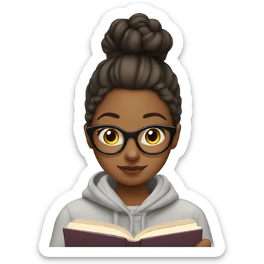Girl with bun and in sweatshirt and sweatpants reading a book sticker