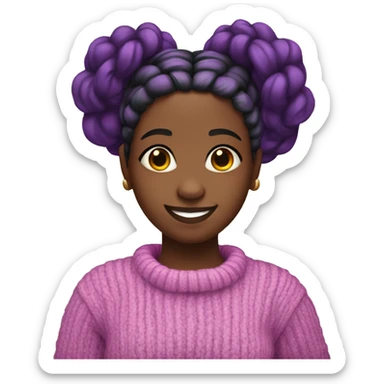 A black girl with braided hair and purple streaks and a pink sweater smiling sticker