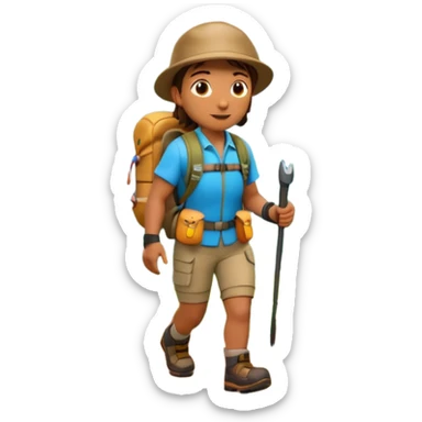 A 3D cartoon hiker walking on a forest trail with flowers and mountains in the distance, bright daylight, Memoji-style. sticker