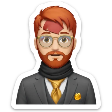 gray scarf, male,  beard, red hair, with suit, gold glasses sticker