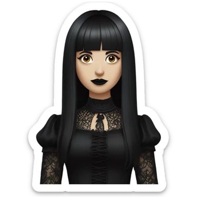 one single goth women, dark hair, long hair, short bangs, dark makeup, gothic detailed dress sticker