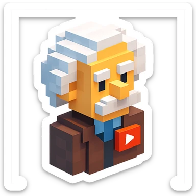 voxel style Albert Einstein with a YouTube play button pin on his jacket, isometric view sticker
