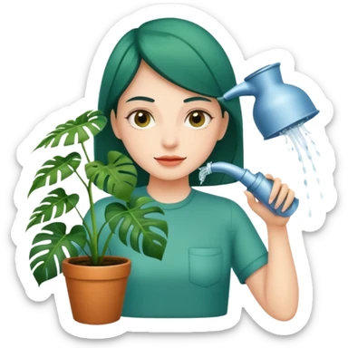 woman watering her monstera plant sticker
