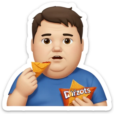 Fat man with greasy hair side part discord t shirt eating doritos sticker