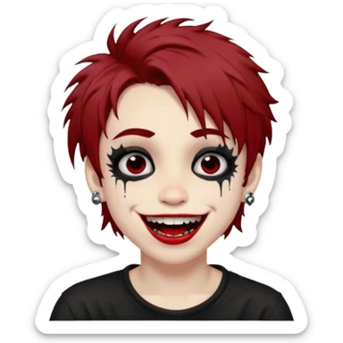 Laughing pale Goth boy with piercings, with shaggy brown hair, and messy black eyeliner , smudged, red, lipstick  sticker
