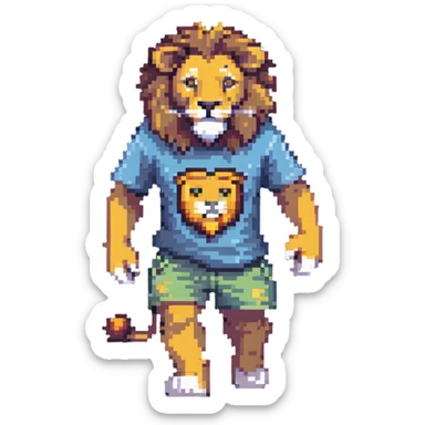 retro 1950s anthropomorphised lion in a t-shirt and shorts, walking sticker