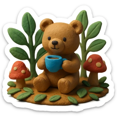 little bear sipping tea in the forest, surrounded by leaves and mushrooms, claymation style sticker