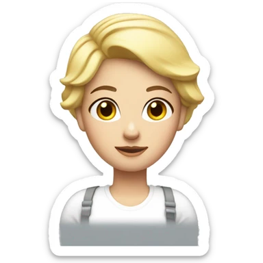 Blond short hair woman with curvy body. White shirt and jeans. Construction helmet on hands sticker