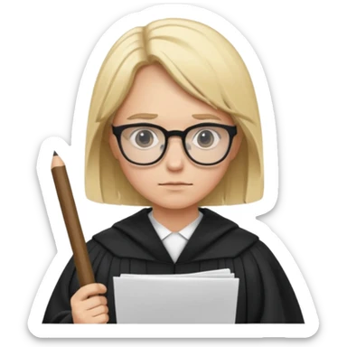 Young judge, blonde hair with glasses and robe, hold a paper sticker