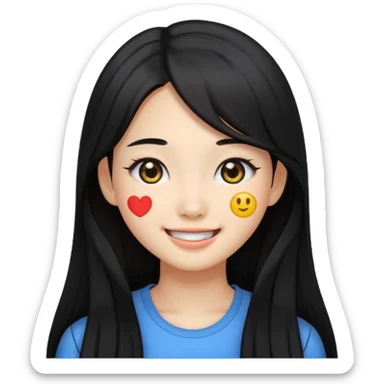 pretty girl with Korean features, black long hair, black eyes, emoji style sticker