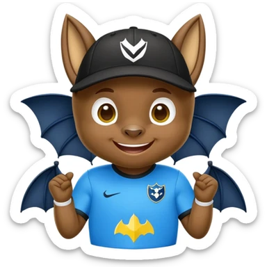 Cheeky little bat mascot for FC Rostov football club, wearing black goalkeeper cap like Lev Yashin, in yellow and blue team colors, mischievous expression, cute bat with big smile sticker