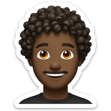 man short curly dark brown hair curls on forehead with brown eyes smiling black shirt sticker