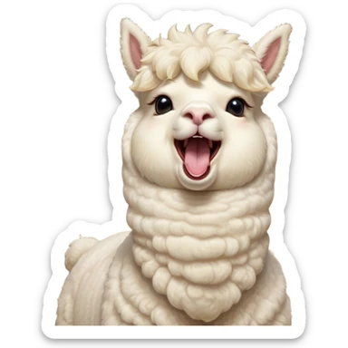 Cinematic Cute Yawning Cream Alpaca Portrait Emoji, Head tilted slightly with a dramatic, wide-open yawn, showcasing a soft, fluffy cream fleece with subtly drooping ears, round gentle eyes barely open in drowsy contentment, Simplified yet irresistibly adorable features, highly detailed, glowing with a soft, cozy glow, high shine, relaxed yet expressive, stylized with a touch of whimsy, bright and endearing, soft glowing outline, capturing the essence of a sleepy yet affectionate alpaca, so drowsy it feels like it could stretch out of the screen and curl up for a nap! sticker