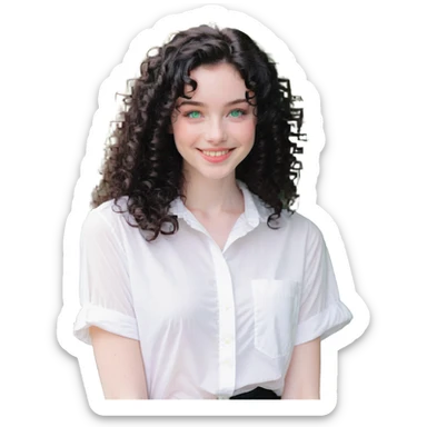 girl with thick dark black wavy curly hair almond green eyes pale skin smiling wearing white shirt sticker