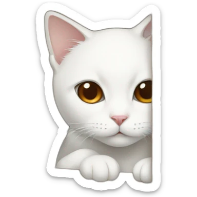 White cat hiding inside a brown box, only half face showing sticker