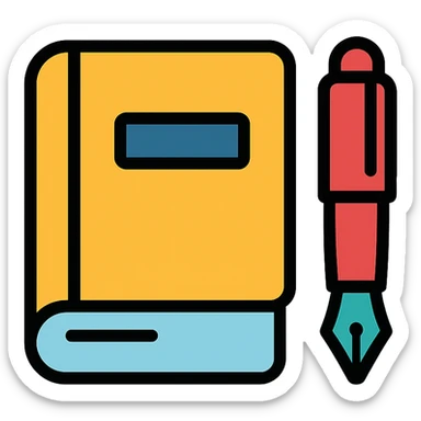 minimalist icon of a book and pen, simple lines, botgoondie color palette sticker