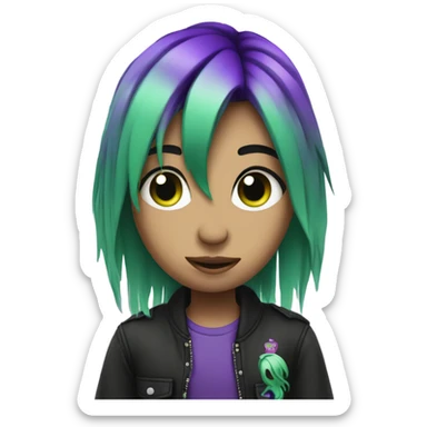 Emo baddie with green and purple hair putting up the peace sign sticker