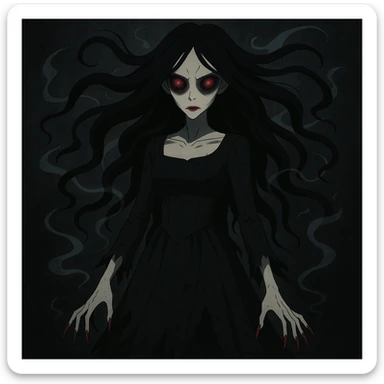 Make the beautiful scary girl much scarier by adding disturbing supernatural features and intensifying the horror while keeping her haunting beauty in a gothic horror style. sticker